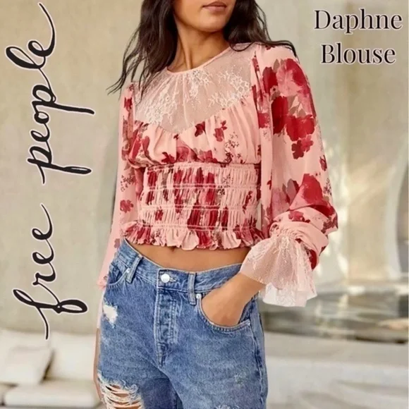 FREE PEOPLE Daphne Rose/Floral Long Sleeve Sheer Lace Ruched Blouse-Sm NWT - Picture 1 of 16